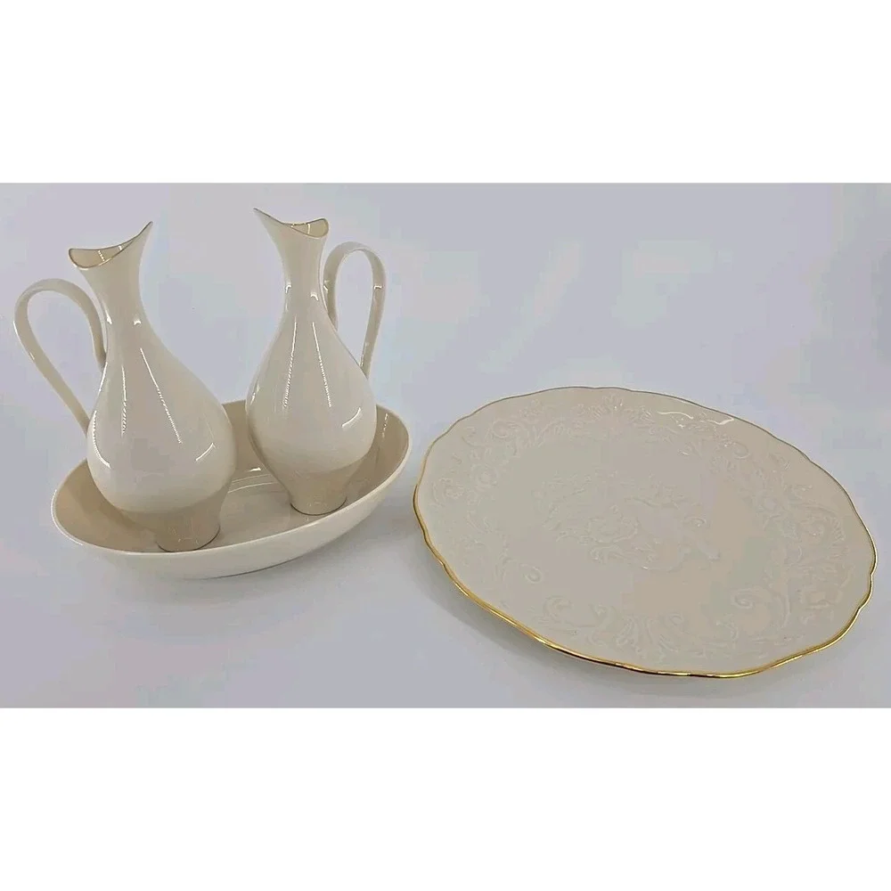 2 LENOX Sleek Creamy W/Gold Trim Pitchers In Bowl +Floral Bird Anniversary Plate